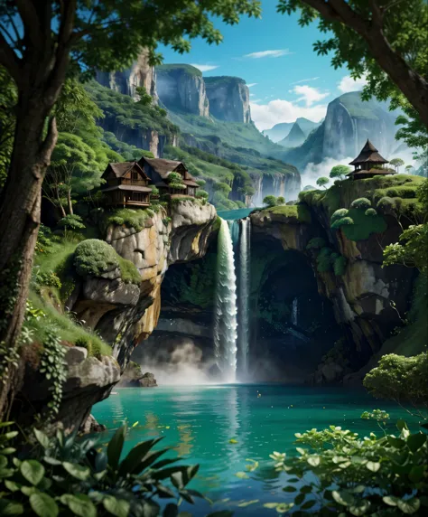 A breathtaking floating island scene, lush with verdant foliage, cascading waterfalls, and tranquil atmosphere,(best quality,4k,...