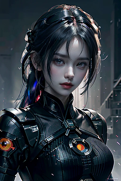 Game Art，Best image quality，Highest Resolution，8k，((Bust photo))，((Portraiture))，(Three-part method)，Unreal Engine 5 rendering， (Future Girl)，(Woman warrior)， 22 year old girl，(Female Hacker)，(Rainbow Hair:1.3)，(Ancient oriental hairstyle)，(Red eye pupil:1.5)，(Beautiful eyes with attention to detail)，(Big Breasts)，(eye shadow)，Elegant and attractive，Indifference，((anger))，(Futuristic silk combat suit combines features of the Chinese cheongsam，joint armor，The clothes are decorated with intricate Chinese patterns.，Gemstone brilliance)，Cyberpunk characters，Futuristic Style， Photo pose，Urban Background，Cinema Lighting，Ray Tracing，Game CG，((3D Unreal Engine))，OC Rendering Reflective Pattern