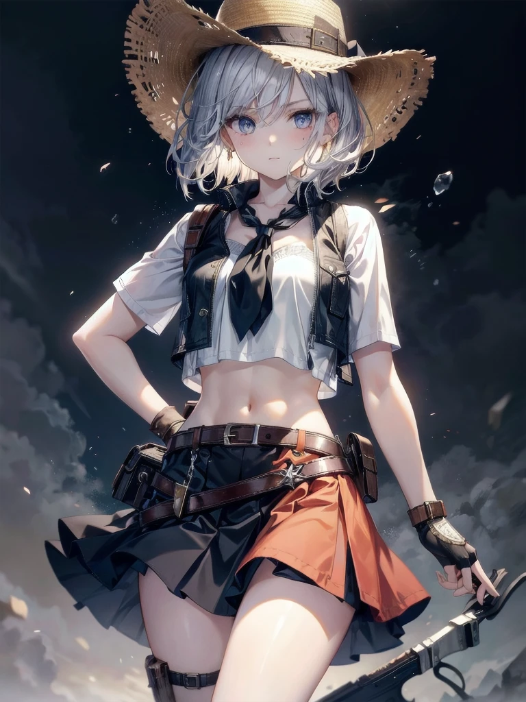 cowgirl costume, vest, cowboy hat, fingerless gloves, midriff, neckerchief, short skirt, holster, absurdres, RAW photo, extremely delicate and beautiful, masterpiece, Best Quality, ultra high resolution, 32k, hyperrealistic, ultra-detailed, detailed description, pale skin, 20 years old, tearful mole, earring, short medium hair, wavy hair, whole body shot,