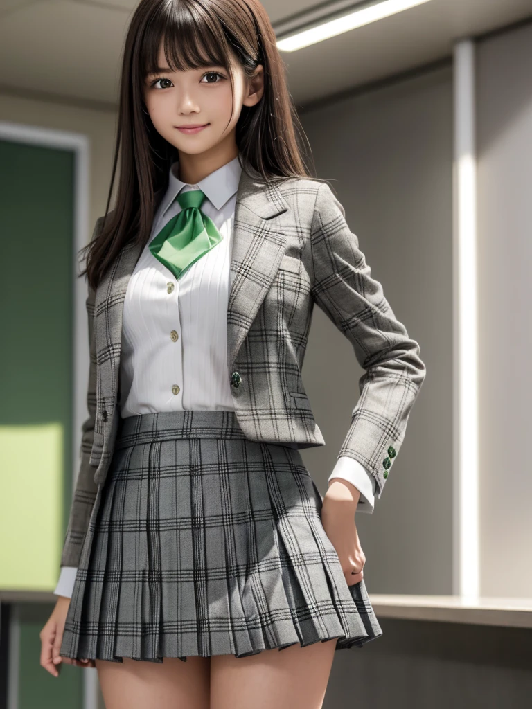 (8k, RAW Photos, highest quality), Stand in the classroom of school, (((((((One woman))))))), ((Brown Hair)), ((Semi-long hair)), ((Detailed eyes)), ((smile)), ((White blouse)), ((tie)), (((Dark grey closed blazer))), (((A green plaid pleated miniskirt that wraps around the hips))), Asymmetrical bangs, 少しのsmile, Thighs, knees, Random pose，pretty girl，Slender girl