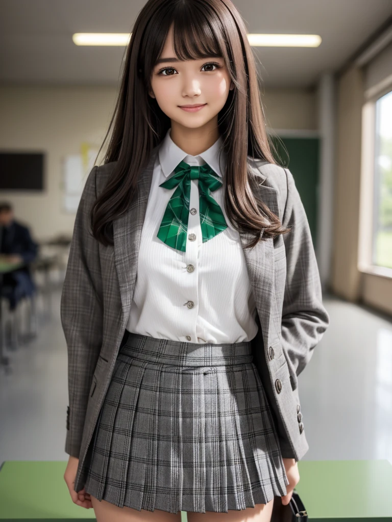 (8k, RAW Photos, highest quality), Stand in the classroom of school, (((((((One woman))))))), ((Brown Hair)), ((Semi-long hair)), ((Detailed eyes)), ((smile)), ((White blouse)), ((tie)), (((Dark grey closed blazer))), (((A green plaid pleated miniskirt that wraps around the hips))), Asymmetrical bangs, 少しのsmile, Thighs, knees, Random pose，pretty girl，Slender girl