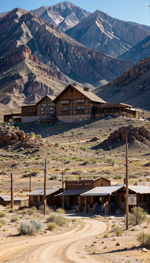 The image depicts a Western-style town set in a desert environment. The town is constructed with wooden buildings, featuring storefronts with signs that suggest a variety of businesses, such as a general store, saloon, and possibly a hotel or restaurant. The architecture is reminiscent of the American Old West, with wooden facades and a rustic appearance.

In the foreground, there are a couple of horse-drawn carriages, which further emphasize the historical setting. The ground is covered with a layer of dirt, and the sky is clear with a few clouds, suggesting a sunny day.

In the background, there are majestic mountains that rise against the horizon, adding a sense of scale and isolation to the scene. The mountains appear to be rocky and rugged, typical of desert landscapes. The overall setting is evocative of the American Southwest, possibly a location that has been used for filming Western movies or as a tourist attraction.