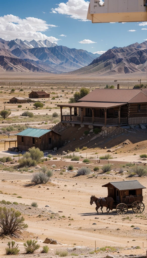 The image depicts a Western-style town set in a desert environment. The town is constructed with wooden buildings, featuring storefronts with signs that suggest a variety of businesses, such as a general store, saloon, and possibly a hotel or restaurant. The architecture is reminiscent of the American Old West, with wooden facades and a rustic appearance.

In the foreground, there are a couple of horse-drawn carriages, which further emphasize the historical setting. The ground is covered with a layer of dirt, and the sky is clear with a few clouds, suggesting a sunny day.

In the background, there are majestic mountains that rise against the horizon, adding a sense of scale and isolation to the scene. The mountains appear to be rocky and rugged, typical of desert landscapes. The overall setting is evocative of the American Southwest, possibly a location that has been used for filming Western movies or as a tourist attraction.