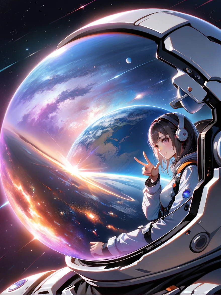 yinji，1gir, (1boy), :1.5), Two astronauts in space, Photograph, Stand side by side, (Raise the V sign), (A ray of sunlight rose behind them), Space suit details, Helmet reflective, earth in background, Cosmic stars, Galaxy Background, High-tech spacesuit, Milky Way Landscape, space photography, Studio Lighting, Physically based rendering, Sharp focus, Extremely detailed, major, Bright colors, Bright light source, (Best quality, 8K, high resolution, masterpiece:1.2), Super detailed, (1.4 times more realism)，1yj1