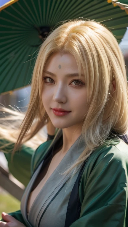 um close de uma pessoa com cabelo comprido e um quimono verde, peito grande, Tsunade Senju, Tsunade Senju from anime naruto, as an personagem de anime, cara de anime perfeita, she has cabelo amarelo with bangs, female personagem de anime, personagem de anime, melhor garota de anime, penteado com corte Hime, cabelo amarelo, (lábios vermelhos brilhantes:1.3), olhos amarelos, sorriso, Fundo da cidade, (rosto bonito:1.3) 