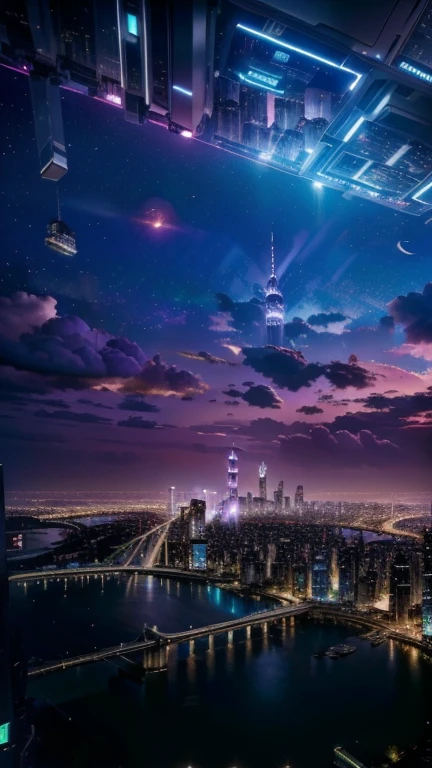 (A city with various skycrapers), ultra beautiful modern metropolis , cyberpunk, vinrant colors, techno fantasy architecture, night sky with stars 4k, uhd, photorealistic:1.4, masterpiece , futuristic  buildings