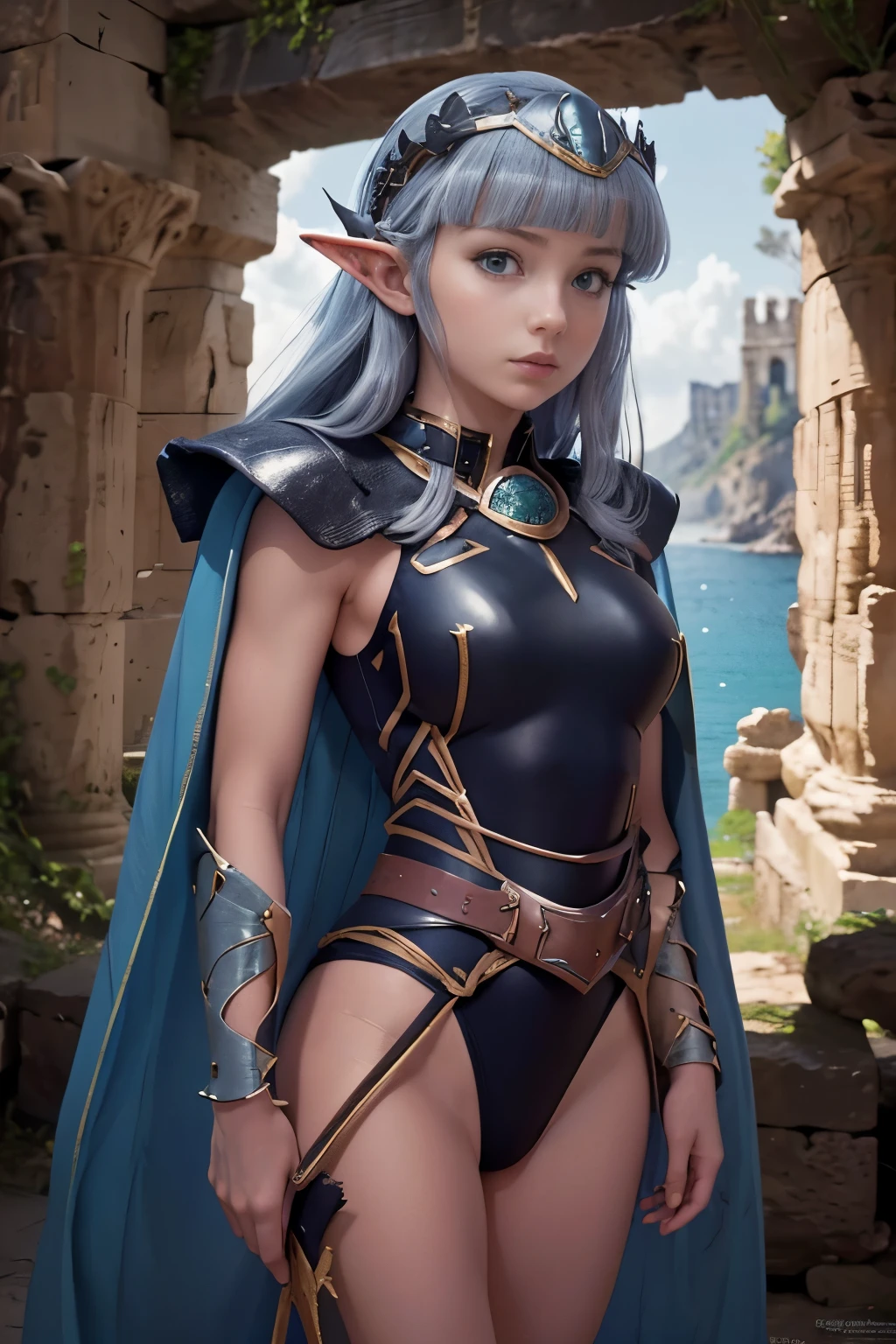 (High resolution) 1 girl, alone, Goblins girl in armor, Elf Girl, Goblins, armor, Wearing a black high-cut swimsuit、Cave Crown, Cape, Ruins of ancient Greece,
