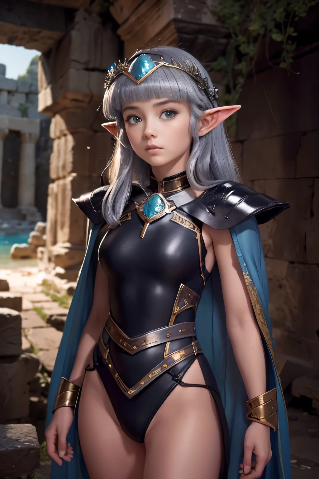 (High resolution) 1 girl, alone, Goblins girl in armor, Elf Girl, Goblins, armor, Wearing a black high-cut swimsuit、Cave Crown, Cape, Ruins of ancient Greece,
