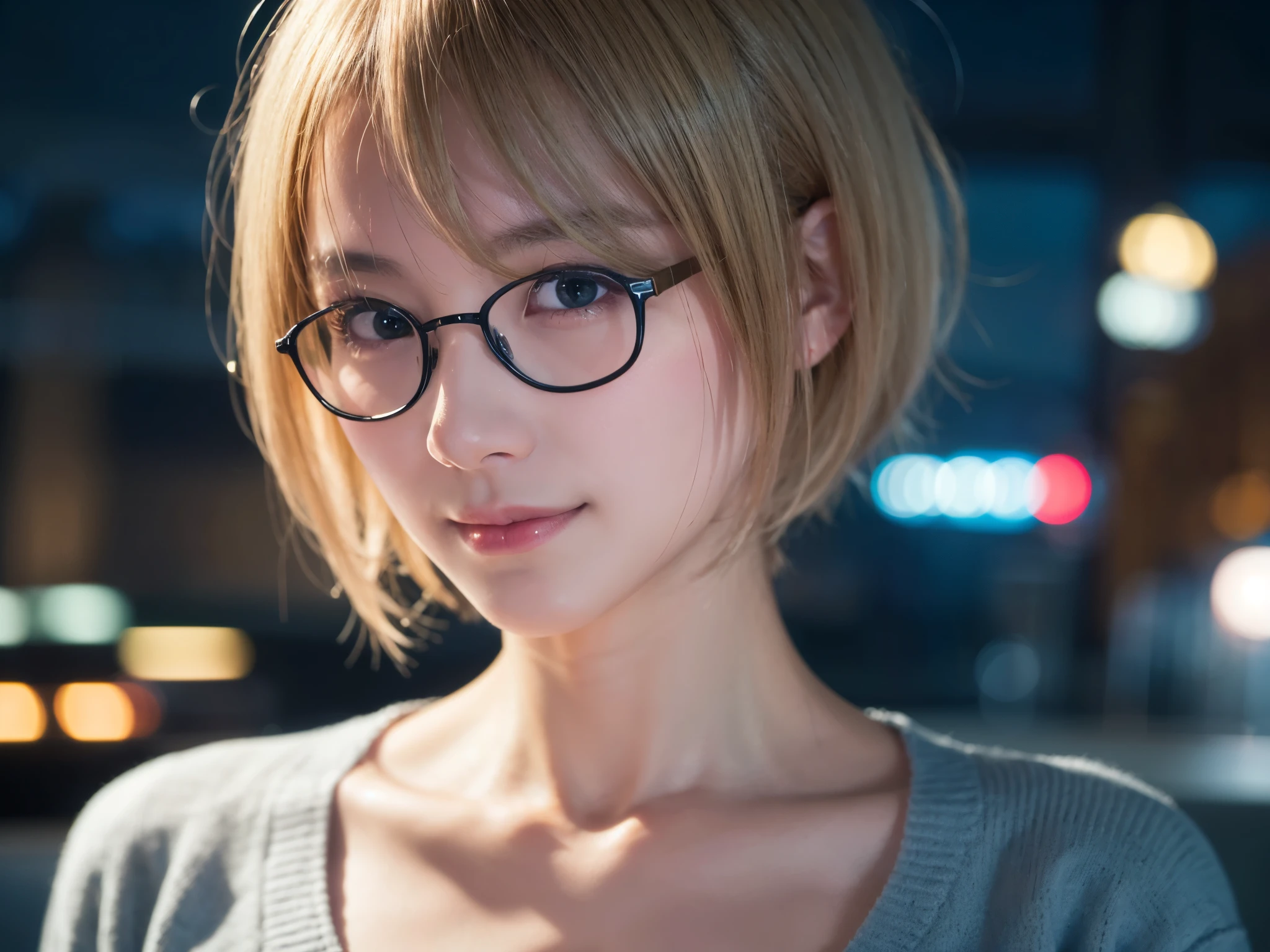 Japanese girl in casual clothes、Observe the audience、Tokyo cityscape at night、(highest quality、masterpiece)))、HD Fine、Very detailed、masterpiece、Cinema Lighting、(8k、highest quality、masterpiece:1.2)、(Realistic、Realistic:1.37) High resolution、Very detailed、Woman wearing glasses、A look of silence、Round Glasses、Asian, cute, cute顔, alone,Blonde Short Hair 1.2, Textured skin, Beautiful smile, Beautifully detailed night sky, Night view, Cinema Lighting, Written boundary depth, Lens flare light、date、(Blushing your nose)、、(Mouth closed)Small breasts、A beautiful eye for detail、(sweater:1.1)、(Blonde Short Hair:1.2)、Floating Hair Nova Frog Style、