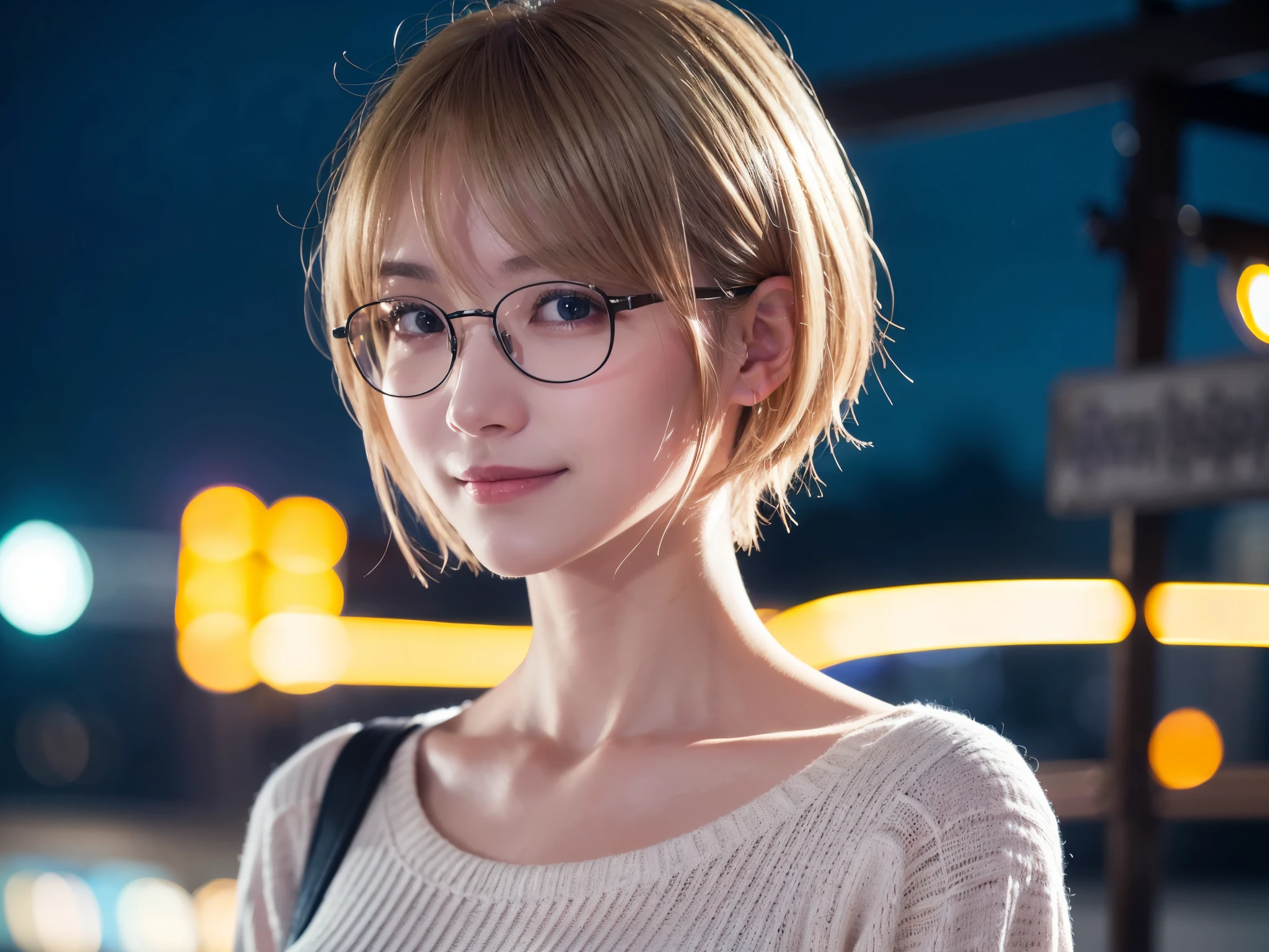 Japanese girl in casual clothes、Observe the audience、Tokyo cityscape at night、(highest quality、masterpiece)))、HD Fine、Very detailed、masterpiece、Cinema Lighting、(8k、highest quality、masterpiece:1.2)、(Realistic、Realistic:1.37) High resolution、Very detailed、Woman wearing glasses、A look of silence、Round Glasses、Asian, cute, cute顔, alone,Blonde Short Hair 1.2, Textured skin, Beautiful smile, Beautifully detailed night sky, Night view, Cinema Lighting, Written boundary depth, Lens flare light、date、(Blushing your nose)、、(Mouth closed)Small breasts、A beautiful eye for detail、(sweater:1.1)、(Blonde Short Hair:1.2)、Floating Hair Nova Frog Style、