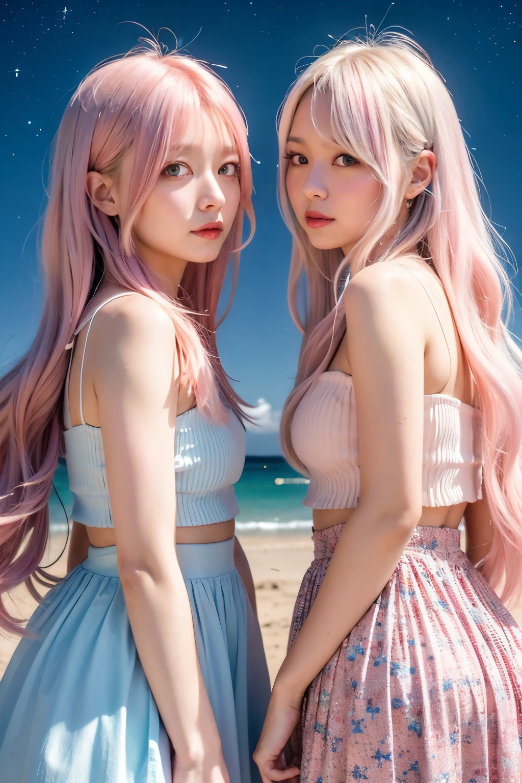 Ai Hoshino, beige pink hair, Blue Hair,Long Hair, favorite , Beautiful, shining eyes, Stars in my eyes, Idol, ２By people, 2 girls, Long pink hair,Same height