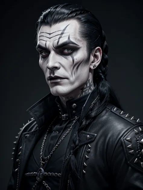 1man, vampire, "corpse paint" facepaint, slicked back braided long hair, beard along cheekbones, very thin lips, high collar stu...