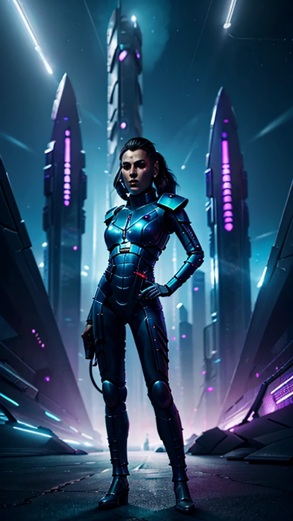 Futuristic aeldari wearing a sleek silver jumpsuit embedded with light-up circuitry, standing confidently with her hands on her hips in front of a cyberpunk cityscape, neon signs flickering, holograms floating by, dusk sky overhead, urban and high-tech, digital painting, ultra clear, 8k, cinematic.
