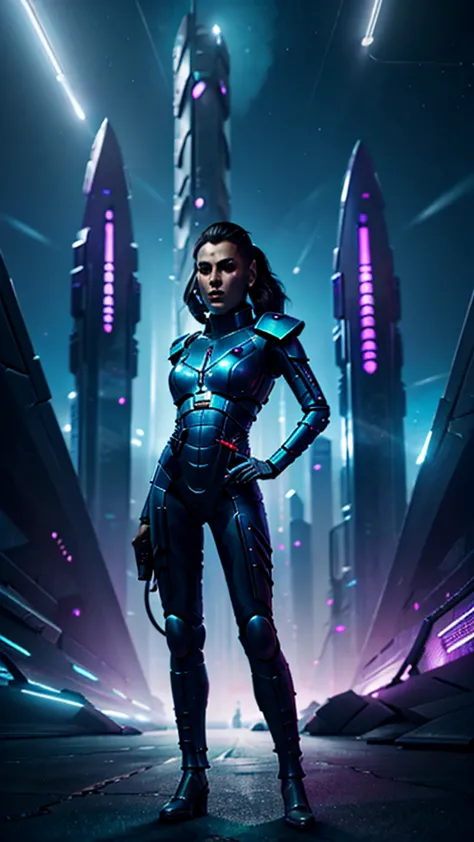 Futuristic aeldari wearing a sleek silver jumpsuit embedded with light-up circuitry, standing confidently with her hands on her ...