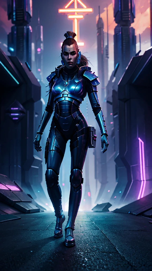 Aeldari futurista vestindo um elegante macacão prateado com circuitos iluminados, em pé com confiança, com as mãos nos quadris, em frente a uma paisagem urbana cyberpunk, sinais de néon piscando, hologramas flutuando, céu crepuscular acima, urbano e de alta tecnologia, pintura digital, Muito limpo, 8K, cinematic.
