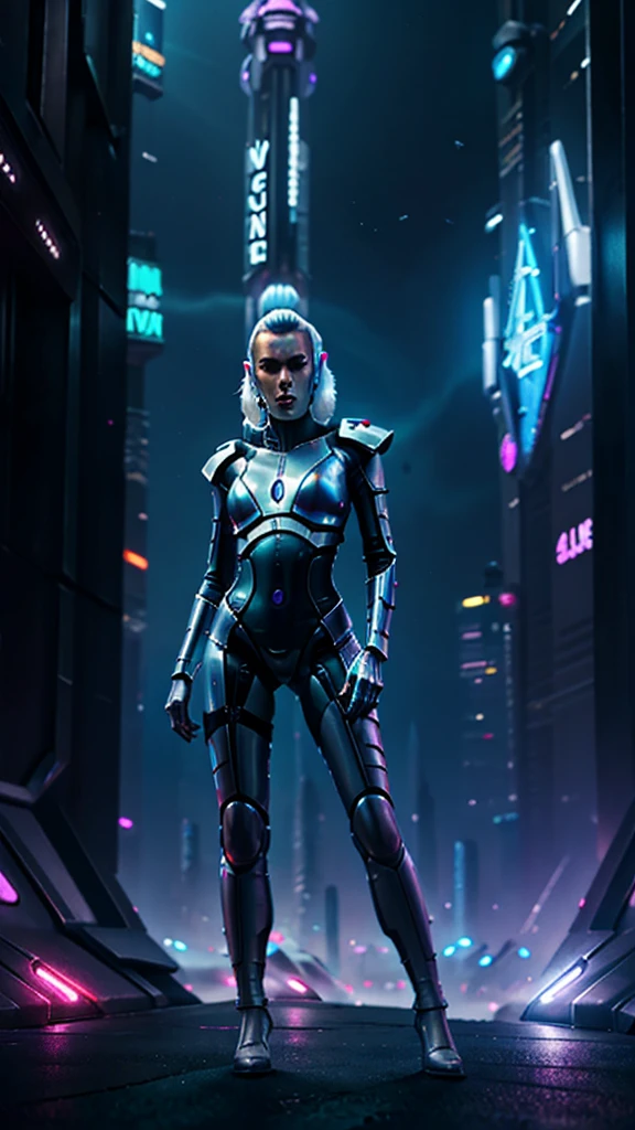 Aeldari futurista vestindo um elegante macacão prateado com circuitos iluminados, em pé com confiança, com as mãos nos quadris, em frente a uma paisagem urbana cyberpunk, sinais de néon piscando, hologramas flutuando, céu crepuscular acima, urbano e de alta tecnologia, pintura digital, Muito limpo, 8K, cinematic.
