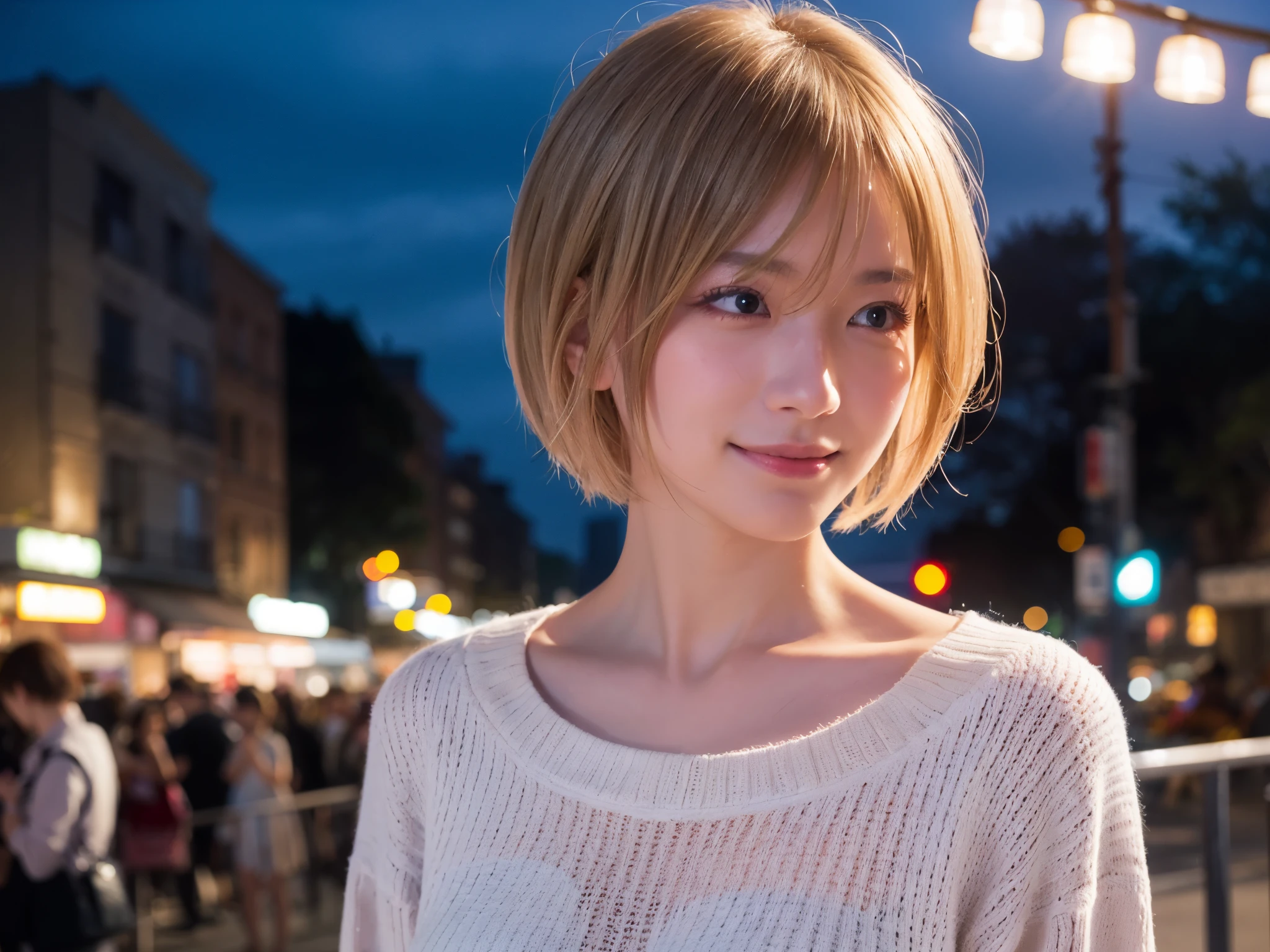 Japanese girl in casual clothes、Observe the audience、Tokyo cityscape at night、(highest quality、masterpiece)))、HD Fine、Very detailed、masterpiece、Cinema Lighting、(8k、highest quality、masterpiece:1.2)、(Realistic、Realistic:1.37) High resolution、Very detailed、Woman wearing glasses、A look of silence、Round Glasses、Asian, cute, cute顔, alone,Blonde Short Hair 1.2, Textured skin, Beautiful smile, Beautifully detailed night sky, Night view, Cinema Lighting, Written boundary depth, Lens flare light、date、(Blushing your nose)、、(Mouth closed)Small breasts、A beautiful eye for detail、(sweater:1.1)、(Blonde Short Hair:1.2)、Floating Hair Nova Frog Style、