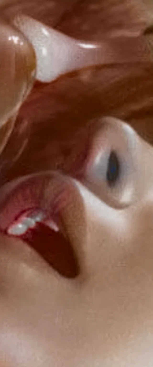 there is a woman with a toothbrush in her mouth, closeup. mouth open, closeup of face, big nostrils, movie scene close up, close up head shot, neck zoomed in from lips down, close up of face, closeup face, closeup of face melting, close up at face, facial closeup, wide nostrils, closeup of the face