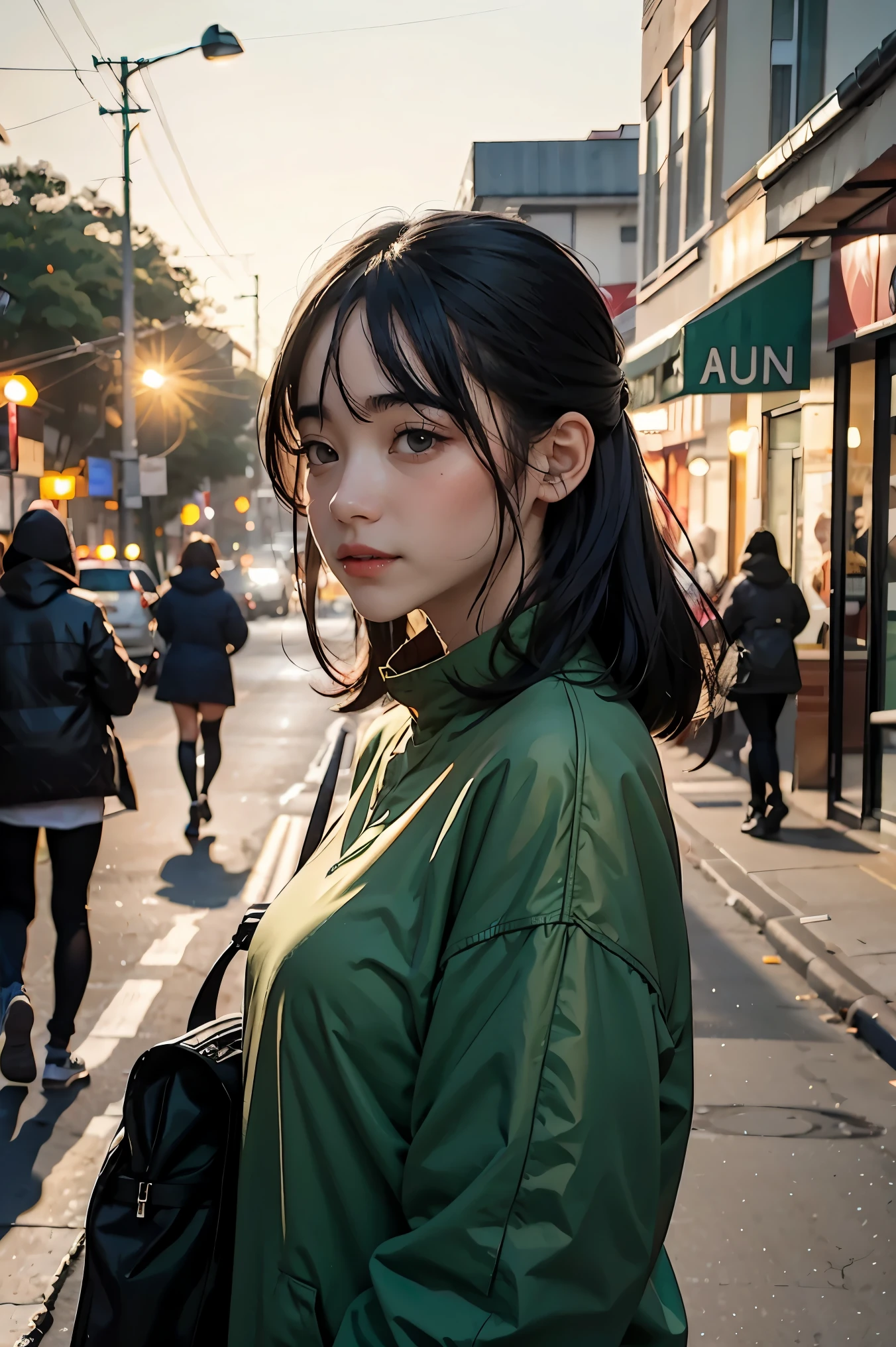 Eine junge Frau steht auf der Straße, Hintergrund verwischen, wunderschön, fotorealistisch