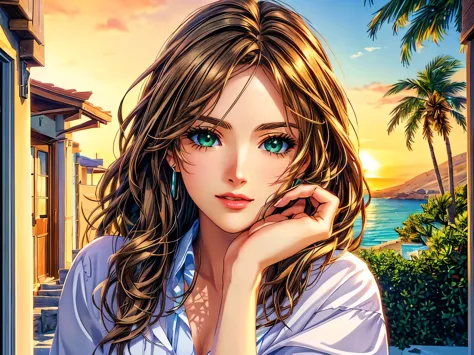 Woman in Greece portrait anime green eyes Nikon camera sunset hour realistic photography Beach House at Greek island animation r...