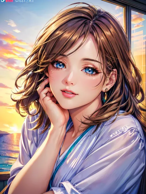 (Woman:1.1, Greece:1.1, portrait:1.1, anime), green eyes, sunset hour, (realistic:1.37, photography), Beach House at Greek islan...