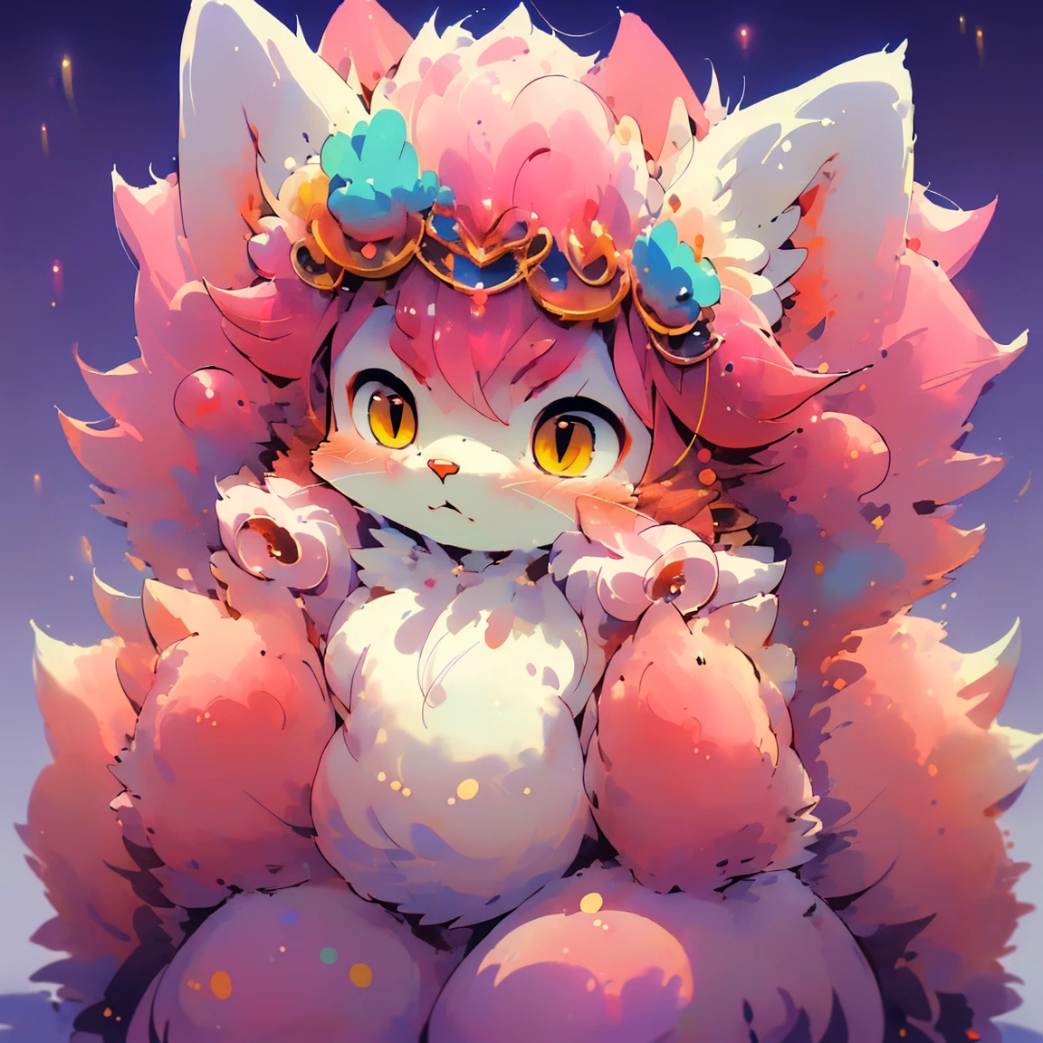 Furry, furry kemono, female baby fox furry, cute, 4 big and fluffy ear, chubby, 9 tailed fox, pink and coloured hair, fluffy gold and pink coloured tail, a kimono with galaxy pattern, sitting on fluffy cloud, luxury, a luxurious tiara, a night sky background, blushing, furry character reference sheet, complete detailed body, extra detailed body, (((masterpiece))), (((best quality: 1,4)))