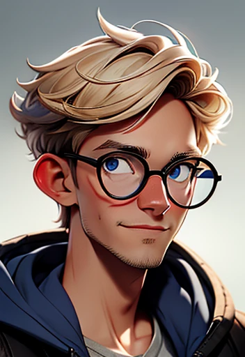 Adolescent male with short messy blonde hair, eyewear, white shirt, smiling, blue pupils, larger in size, blue hoodie, detailed facial features, high quality, 8k, photorealistic, portrait, cinematic lighting, vibrant colors, dramatic shadows