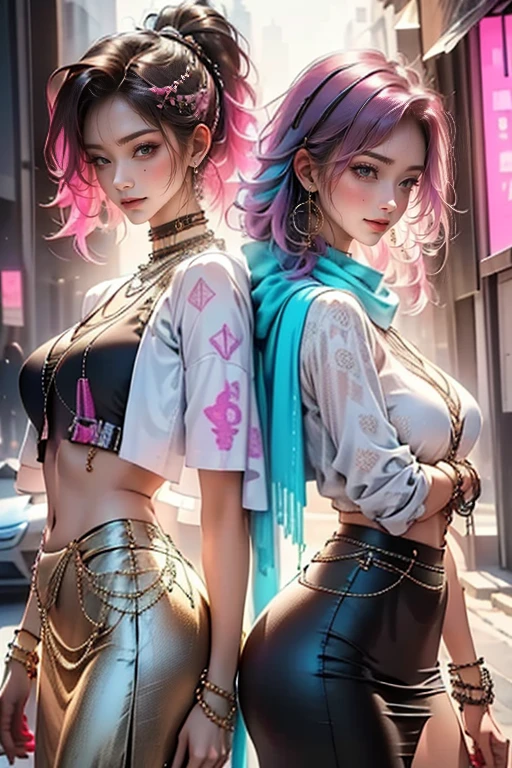 highest quality, Very detailed, masterpiece, Two women posing happily,(((Perfect female body))),Very beautiful face, Very beautiful body,Gentle expression, Very beautiful eyes,(Perfect Makeup:1.1),Fashion Model,DJ Style,Cyberpunk Fashion, Mullet Cut,Shaggy Hair,pink and blue hair:1.3, very thin body,Smart Abs,((Monogram pattern:1.3)),Blue to red gradient,Fishnet blouse,((Long leg pencil skirt,anklet)),LED Light,Two-tone high-top sneakers,A kind smile,Cooboy Shot:1.3,Portraiture,(Cyber City:1.3), (Shiny skin),(Earrings),Elegant scarves,See-through long shawl,Liquid Metal,Pirate Belt,,