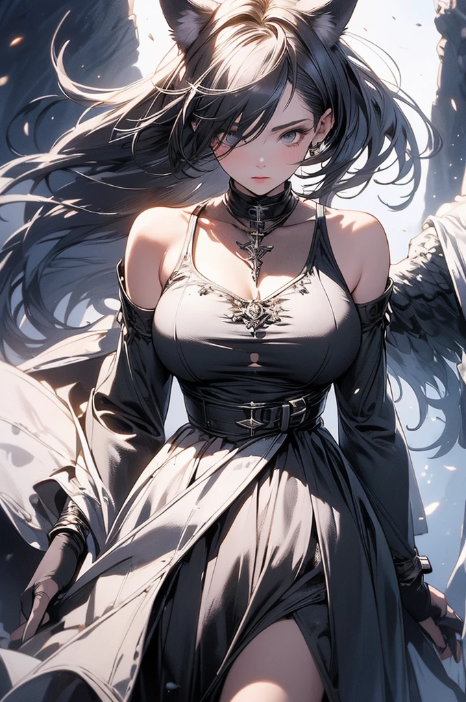 ((masterpiece, highest quality)),Ultra-high resolution, (realism: 1.4),Best illustrations,Line art,Very condensed adult female,Wild adult woman fighting enemies,Delicate and beautiful features,Long, narrow eyes,Sharp face,A garment with extremely detailed wrinkles,A firm expression,Clear face,Silver Hair,Wolf ears,Fantasy,The background is a full moon and wilderness,wide aperture,Unreal 5,Scattered beneath the surface,Anatomically correct,Low angle full body shot