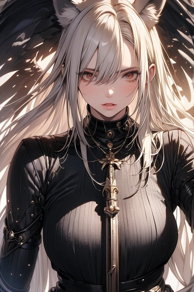 ((masterpiece, highest quality)),Ultra-high resolution, (realism: 1.4),Best illustrations,Line art,Very condensed adult female,Wild adult woman fighting enemies,Delicate and beautiful features,Long, narrow eyes,Sharp face,A garment with extremely detailed wrinkles,A firm expression,Clear face,Silver Hair,Wolf ears,Fantasy,The background is a full moon and wilderness,wide aperture,Unreal 5,Scattered beneath the surface,Anatomically correct,Low angle full body shot