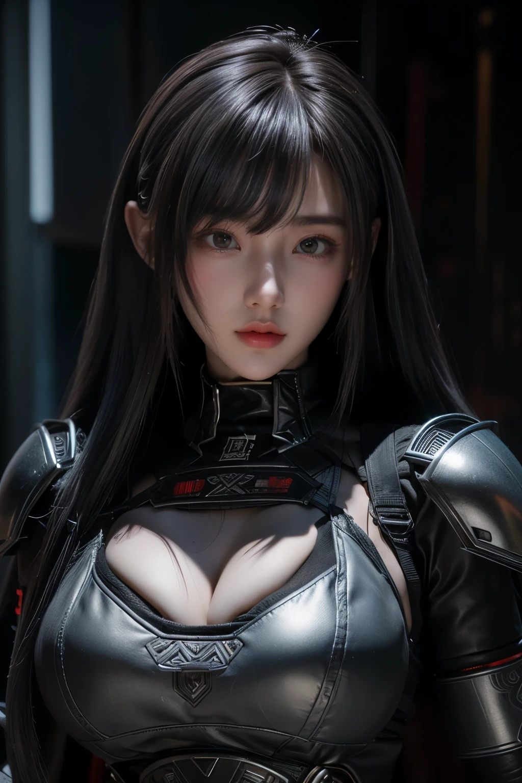 Masterpiece,Game art,The best picture quality,Highest resolution,8K,(Portrait),Unreal Engine 5 rendering works,(Digital Photography),((Portrait Feature:1.5)),
20 year old girl,Short hair details,With long bangs,(The red eye makeup is very meticulous),(With long gray hair:1.4),(Large, full breasts),Elegant and noble,Brave and charming,
(Future armor combined with the characteristics of ancient Chinese armor,Hollow design,Power Armor,The mysterious Eastern runes,A delicate dress pattern,A flash of magic),Warrior of the future,Cyberpunk figures,Background of war,
Movie lights，Ray tracing，Game CG，((3D Unreal Engine))，OC rendering reflection pattern