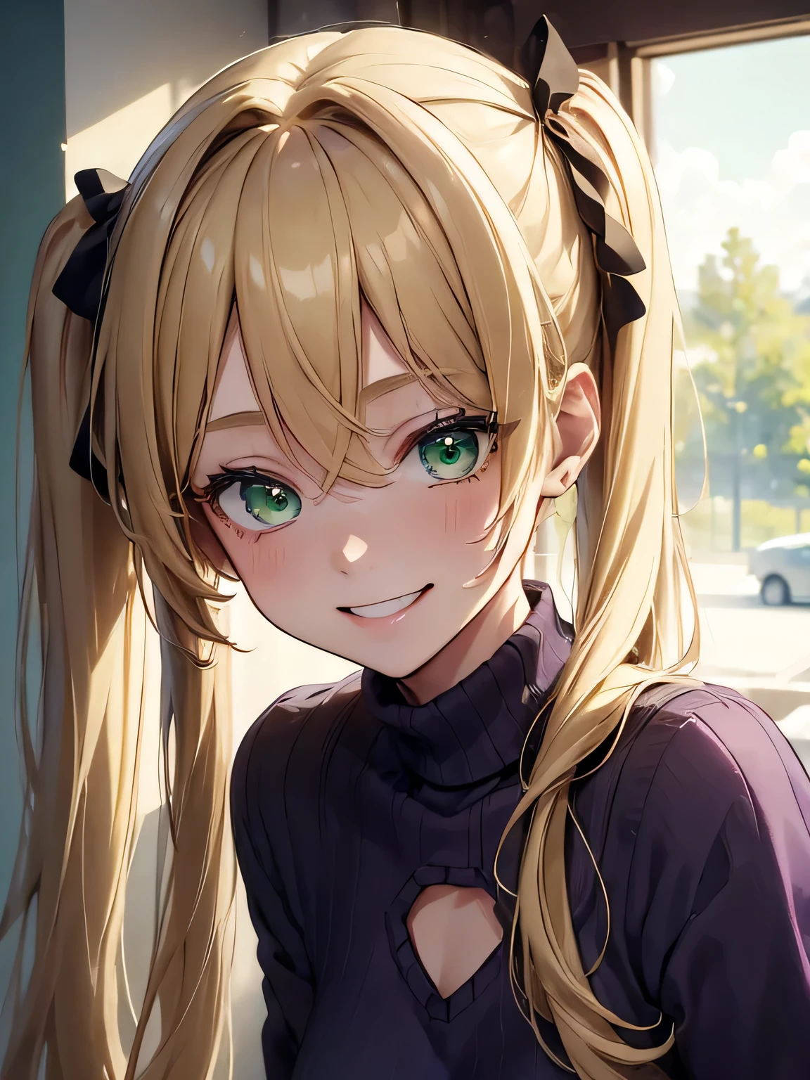 (masterpiece, best quality:1.4), 8k, Fischl, Closeup, Blonde long Twin pigtails Hair, Hair covering one Eye, Messy Hair, Young adult, anime girl, Smiling, teasing, Happy, light Green Eyes, Medium chest, white Turtleneck, Purple sweater, (detailed eyes and face, sharp pupils, realistic pupils:0.6)