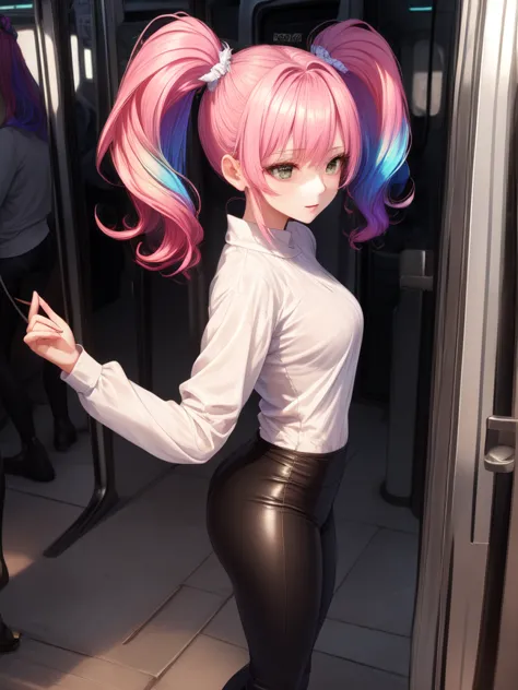 beautiful woman with rainbow gradient hair (mega twintails) 8k, masterpiece, highly detailed, solo,
(Metro City),
boom shot,
dan...