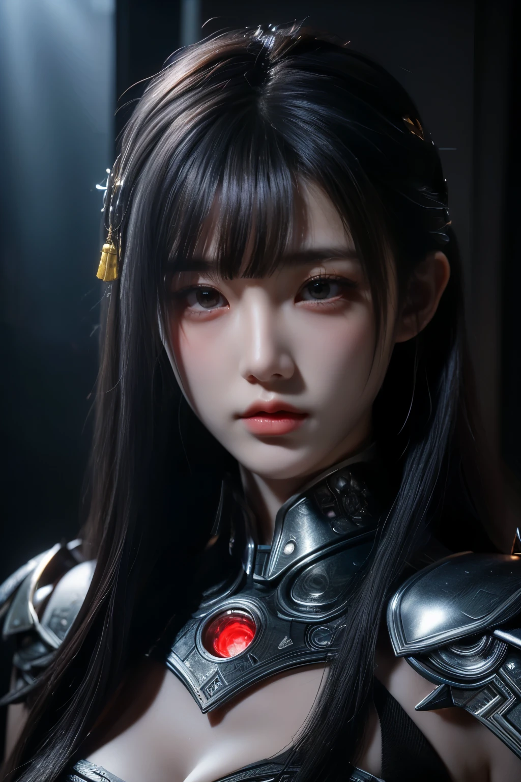 Masterpiece,Game art,The best picture quality,Highest resolution,8K,(Portrait),Unreal Engine 5 rendering works,(Digital Photography),((Portrait Feature:1.5)),
20 year old girl,Short hair details,With long bangs,(The red eye makeup is very meticulous),(With long gray hair:1.4),(Large, full breasts),Elegant and noble,Brave and charming,
(Future armor combined with the characteristics of ancient Chinese armor,Hollow design,Power Armor,The mysterious Eastern runes,A delicate dress pattern,A flash of magic),Warrior of the future,Cyberpunk figures,Background of war,
Movie lights，Ray tracing，Game CG，((3D Unreal Engine))，OC rendering reflection pattern