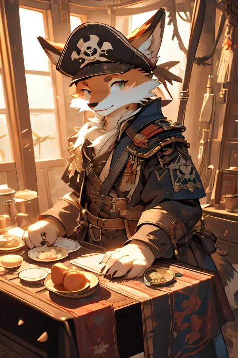 ((Best quality)), ((masterpiece)), (detailed), pirate fox, female, in pirate hat with saber, alone on a ship, cute, not sexual