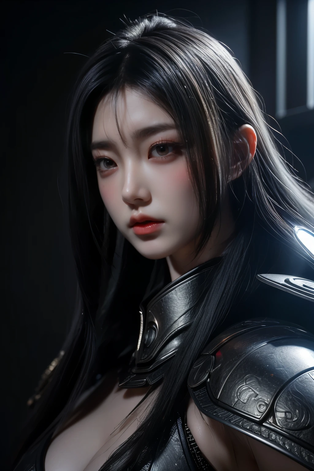 chef-d&#39;œuvre,art du jeu,La meilleure qualité d&#39;image,la plus haute résolution,8k,(portrait),Le rendu Unreal Engine 5 fonctionne,(la photographie numérique),((portrait Feature:1.5)),
fille de 20 ans,Détails des cheveux courts,avec une longue frange,(Le maquillage des yeux rouges est très soigné),(avec de longs cheveux gris:1.4),(grand, Seins pleins),Élégant et noble,Courageux et charmant,
(Armure du futur combinée aux caractéristiques de l&#39;armure chinoise ancienne,Conception creuse,armure assistée,Les mystérieuses runes orientales,Un patron de robe délicat,Un éclair de magie),Guerrier du futur,Figurines cyberpunk,Contexte de guerre,
Lumières de cinéma，Tracé laser，Jeu CG，((Moteur irréel 3D))，Modèle de réflexion du rendu OC