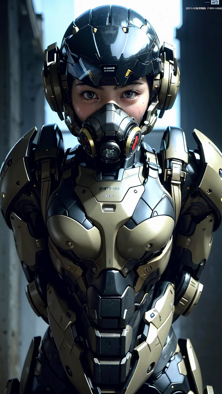 最high quality非常に詳細, Advanced Details, high quality, 最high quality, High resolution, 1080p, hard disk, beautiful,(War Machine),(headgear),See the big picture,beautifulサイボーグ女性,Mecha Cyborg Girl,Battle Mode,Mecha Body Girl　8k 　Elementary school girl　Sweaty face　Droopy eyes　short hair　Gas mask with extension nozzle　boyish　Steam coming from the head　My hair is wet with sweat　Black Hair, Steam coming out of the mouth