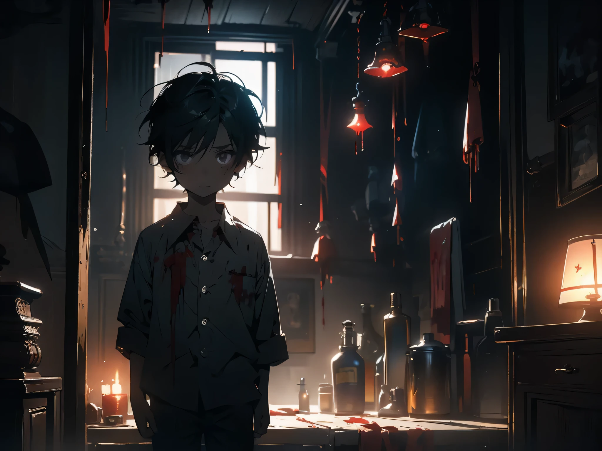 a boy，five year old boy，Alone，short hair，black hair，wearing shirt，holding a lamp，indoors，blood stains，Blood，Dark style，dark filter fire in background