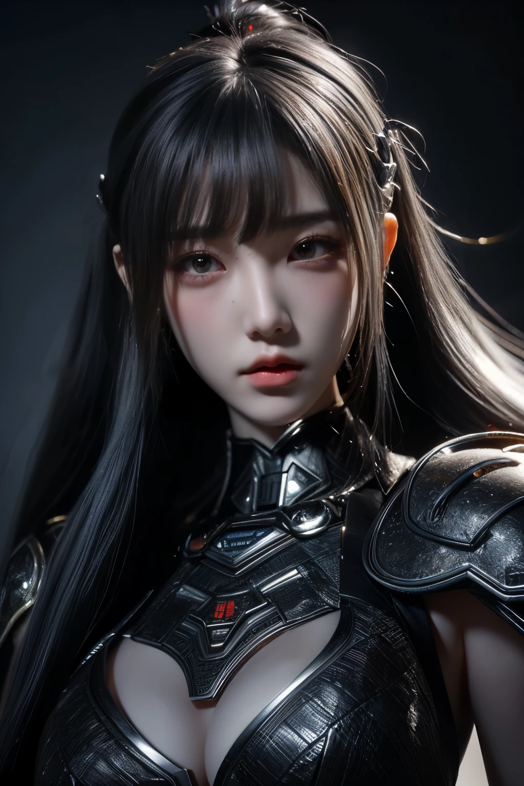 Masterpiece,Game art,The best picture quality,Highest resolution,8K,(Portrait),Unreal Engine 5 rendering works,(Digital Photography),((Portrait Feature:1.5)),
20 year old girl,Short hair details,With long bangs,(The red eye makeup is very meticulous),(With long gray hair:1.4),(Large, full breasts),Elegant and noble,Brave and charming,
(Future armor combined with the characteristics of ancient Chinese armor,Hollow design,Power Armor,The mysterious Eastern runes,A delicate dress pattern,A flash of magic),Warrior of the future,Cyberpunk figures,Background of war,
Movie lights，Ray tracing，Game CG，((3D Unreal Engine))，OC rendering reflection pattern