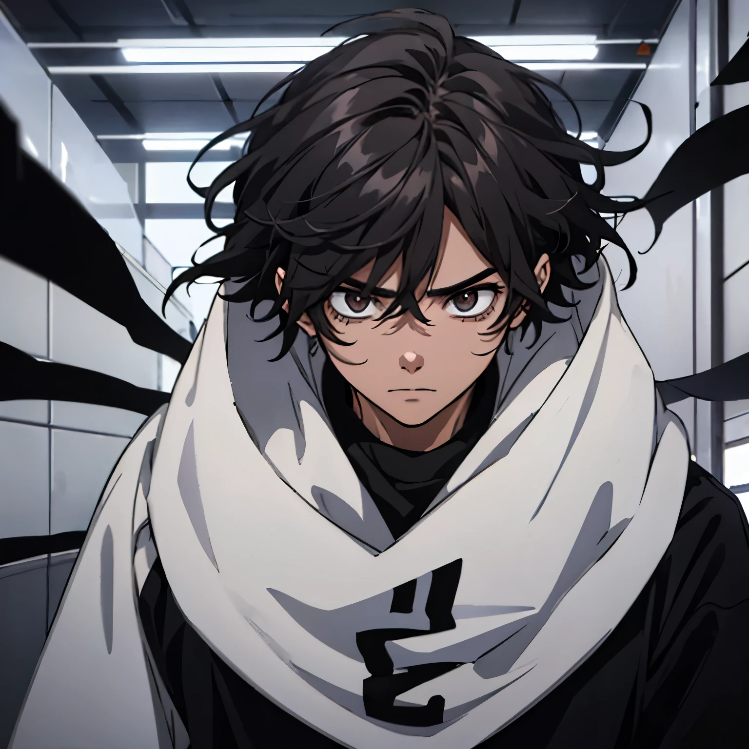 Guy, Black mid-length flowy hair covering mostly of eyes, brown skin, gray piercing and tired eyes, dark circles under the eyes, hollow eyes, staring at the viewer, wearing a gray long sleeve, high school black ground