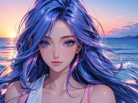 Woman in Greece portrait anime dark blue hair streaked pink purple hair blue eyes sunset hour realistic photography Beach House ...