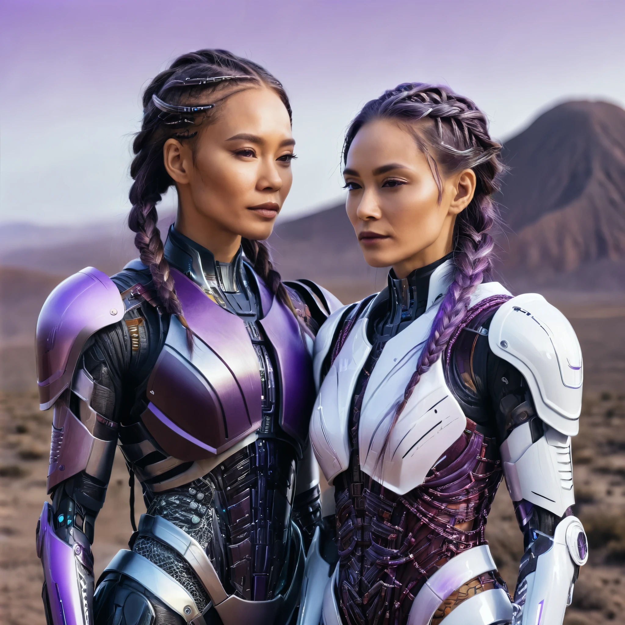 (((Double portrait))), A stunningly realistic depiction of a couple, 1Women, 36 years old, ((long braided hairs)), ((purple white gradient hairs)), wearing futuristic full body cybernetic armor, 1Man, 36 years old, wearing futuristic rusty armor, Perfect beard on Man's face, Both are standing on a desolate alien landscape, 