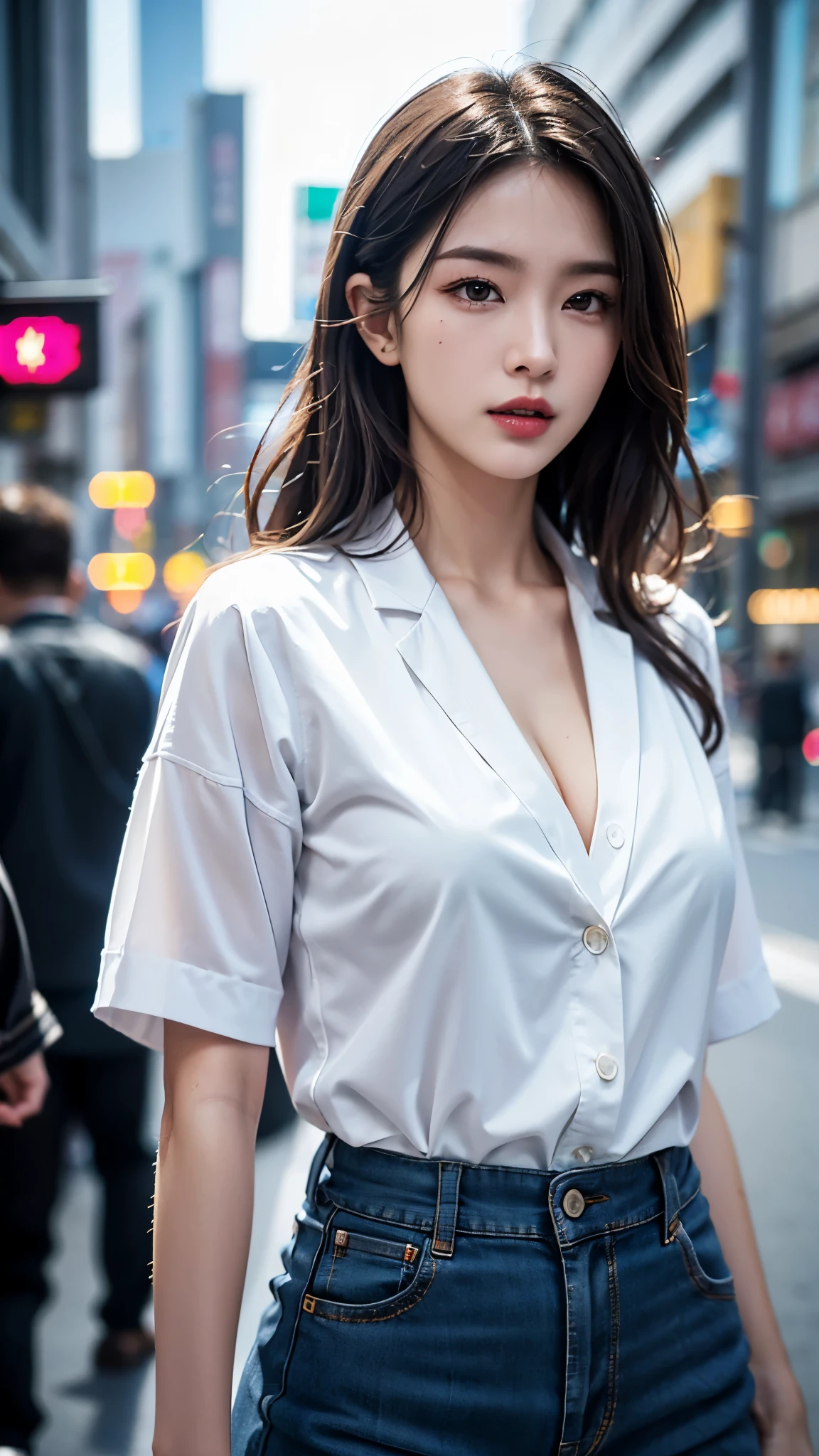 (((actual photography))),, portrait, (Naughty face:1.3),, beautiful girl, looking at the audience, , (:1.2), Button your shirt and pants, , (full cleavage:1),, On the streets of Japan, (environment details:1.3),, (original photo, CG Unity, photography, ultra actual details, Be focused, Delicate skin,4k, high resolution, masterpiece, best quality, actual, Full of energy:1.2),, (8K,4k, Ultra high quality, high resolution, professional, , , Dramatic),, (Deformed depth of field blurred background), Detailed background,