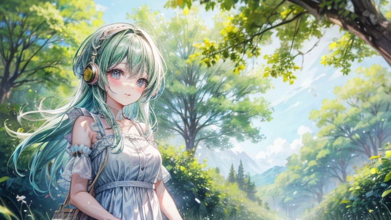 Beautiful and happy anime girl, listening to music in a grass and trees and the background that is blurred and that it is daytime with sun and relaxed atmosphere