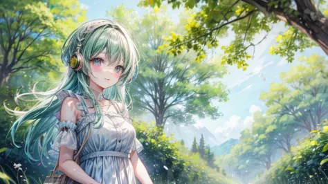 Beautiful and happy anime girl, listening to music in a grass and trees and the background that is blurred and that it is daytim...