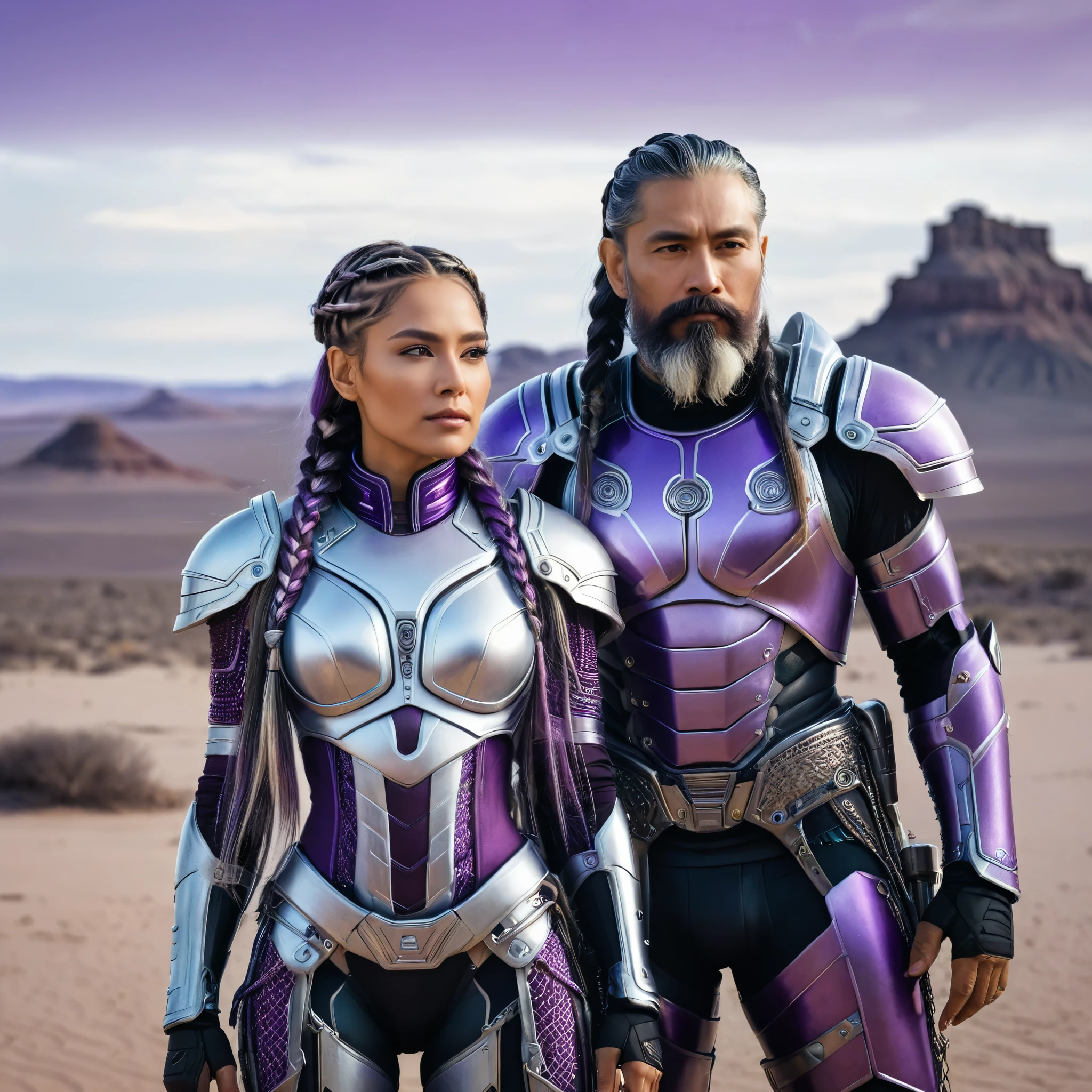 (((Double portrait))), A stunningly realistic depiction of a couple, 1Women, 36 years old, ((long braided hairs)), ((purple white gradient hairs)), wearing futuristic full body cybernetic armor, 1Man, 36 years old, wearing futuristic rusty armor, Perfect beard on Man's face, Both are standing on a desolate alien landscape, 