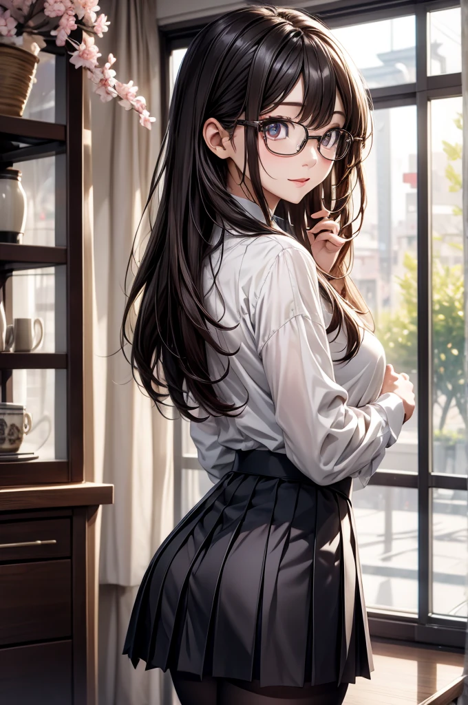 ((best quality)), ((masterpiece)), (detailed), (High contrast natural side daylight, Dynamic lighting, movie lighting), 動漫Wind格, (((whole body))), Cute Japanese girl, ((dorsal view, Look back)), looking at the audience, Smooth and fair skin, Exaggerated super long hair, Black straight hair wavy head and tail, 長髮隨Wind飄揚, ((Super fine hair quality)),  Looks cute, long upper eyelashes, thin eyebrows, big eyes, Amber pupils, Ultra-detailed eyes, Slightly blush, Smile, Exquisite rimless glasses, Detailed glasses, Detailed face, detailed face, Small nose, Small lips, rest, 
((symmetrical clothes, Uniforms, white collar button down shirt, Black pleated student skirt, dark stockings, Dark student shoes)), Perfect clothing texture, perfect body structure, attractive body shape, Long and sexy legs, Perfect foot quality, Perfect hand quality, beautiful limbs, Beautiful fingers, rest, (美麗的Wind景), (微Wind戶外), Quiet Japanese city broad streets, Spring morning, (Wind), (Cherry blossoms), whole body影像, ((Perfect composition)), highlight the subject, (Detailed background:1.5), original photo, CG Unity, photography, Surreal details, Be focused, (Deformed depth of field blurred background), [[color saturation]], (日系Wind格照片:0.3),