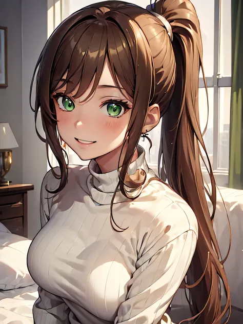 (masterpiece, best quality:1.4), 8k, close up, light brunette hair, long ponytail hair, young adult, anime girl, smiling, happy,...