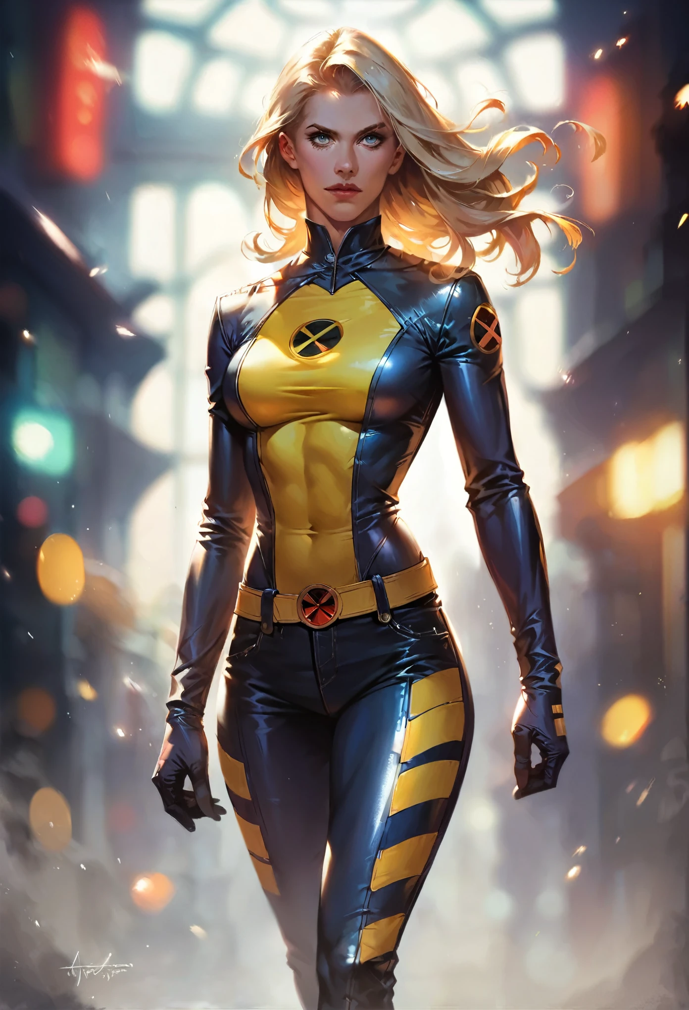 score_9, score_8_up, score_7_up, score_6_up, score_5_up, (high quality, detailed, beautiful), detailed soft lighting, rating_safe, 1girl, (Jean Grey:1.1), blonde, walking in a romantic location, wearing her X-Men Evolution suit.