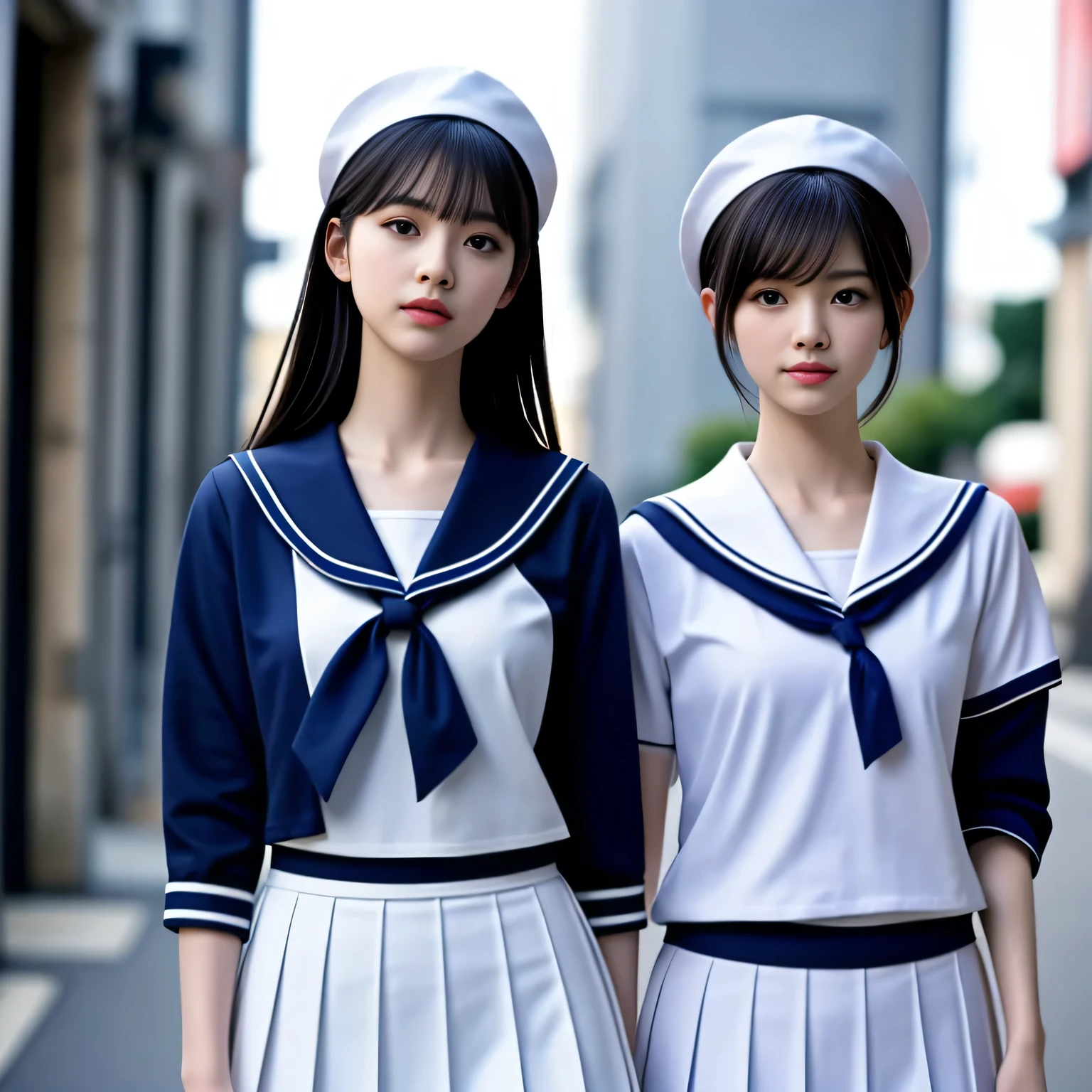 ((realistic lighting、highest quality、8K、masterpiece:1.3))、clear focus:1.2、2 girl、perfect body beauty:1.4、slim abs:1.1、((short black hair、small breasts))、(White sailor suit and navy blue skirt:1.4)、(street)、Idol、super fine face、finely tuned、double eyelid、dark brown eyes、(bangs)、(hyper pretty face:1.5), (japanese women:1.5),　(21 years old)、beautiful woman、high school girl、